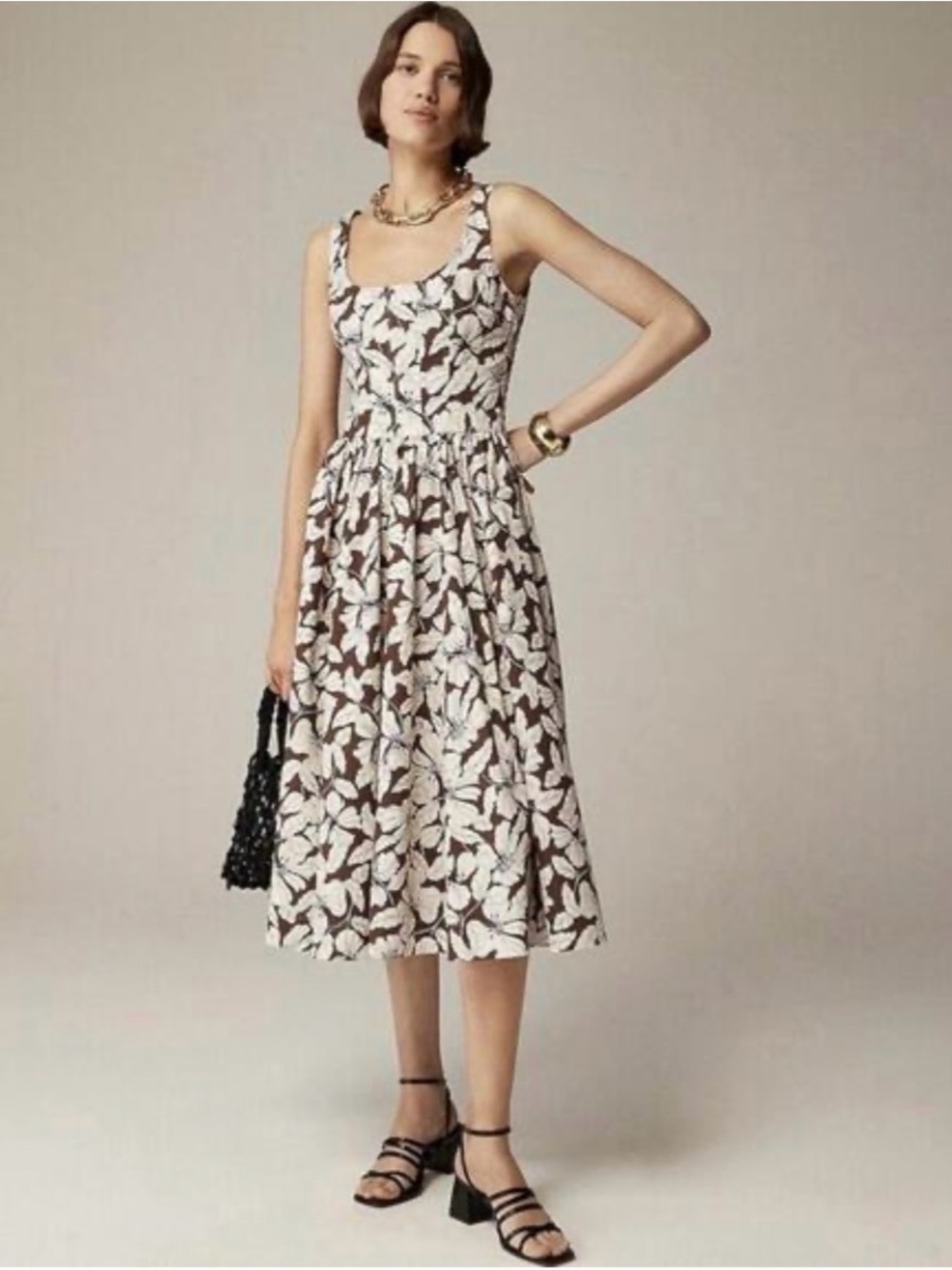 J. Crew Brown and Cream Floral Fit and Flare Midi Dress